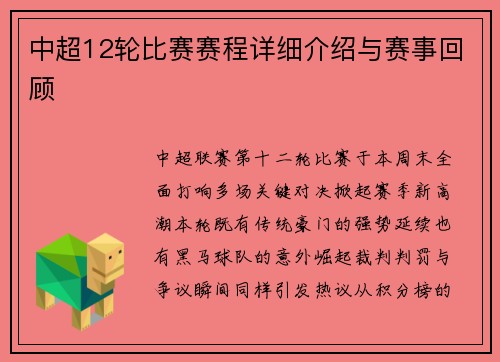 中超12轮比赛赛程详细介绍与赛事回顾